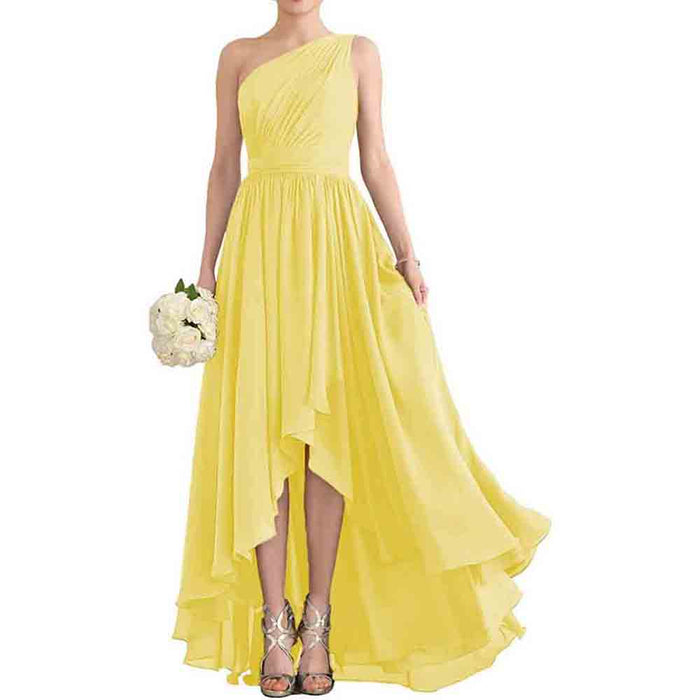 Women's One Shoulder Bridesmaid Dresses High Low Chiffon Evening Formal Gown with Pockets