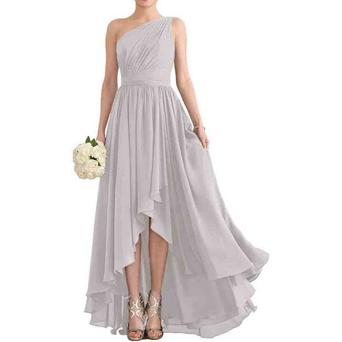 Women's One Shoulder Bridesmaid Dresses High Low Chiffon Evening Formal Gown with Pockets