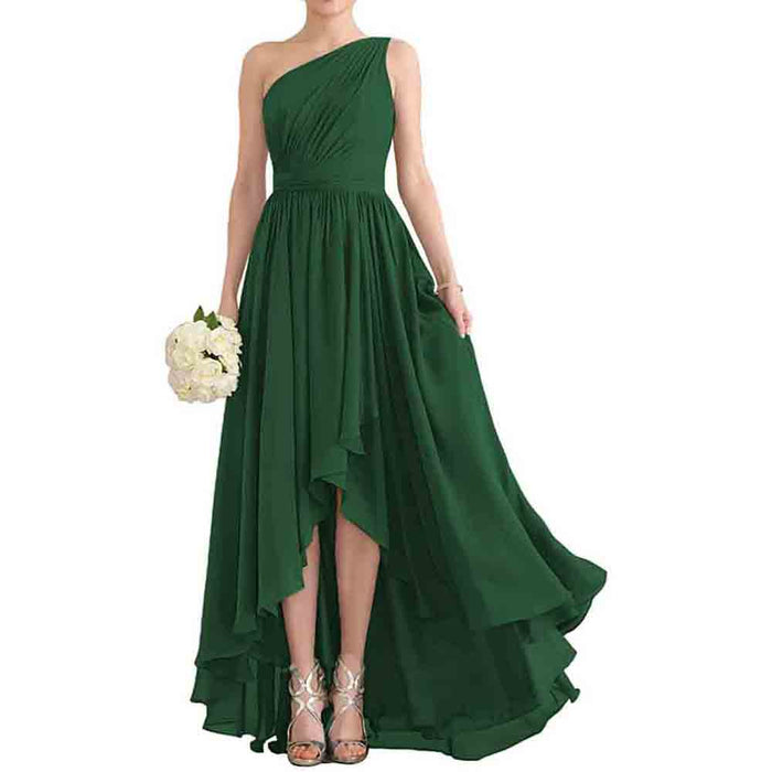 Women's One Shoulder Bridesmaid Dresses High Low Chiffon Evening Formal Gown with Pockets