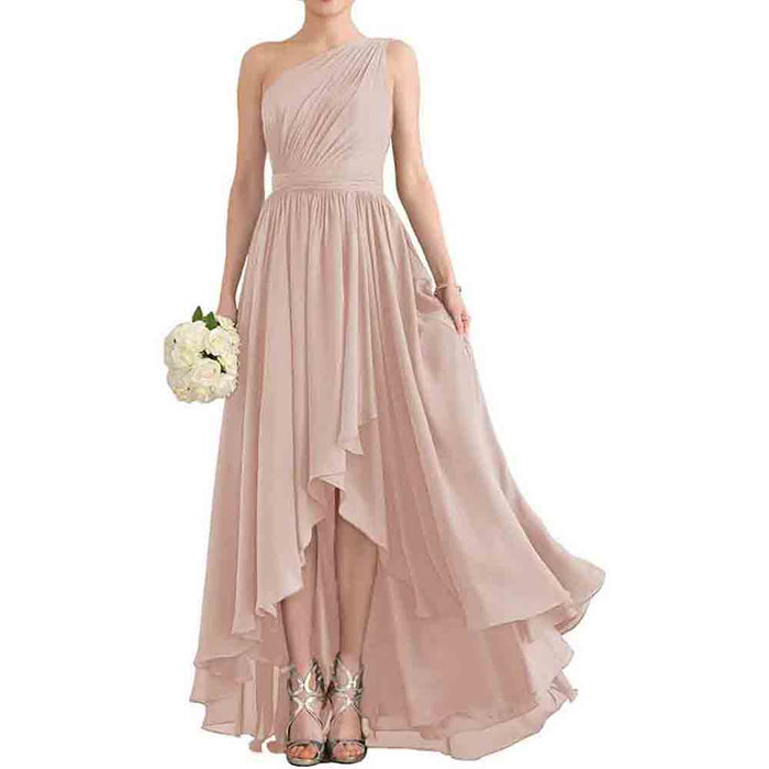 Women's One Shoulder Bridesmaid Dresses High Low Chiffon Evening Formal Gown with Pockets