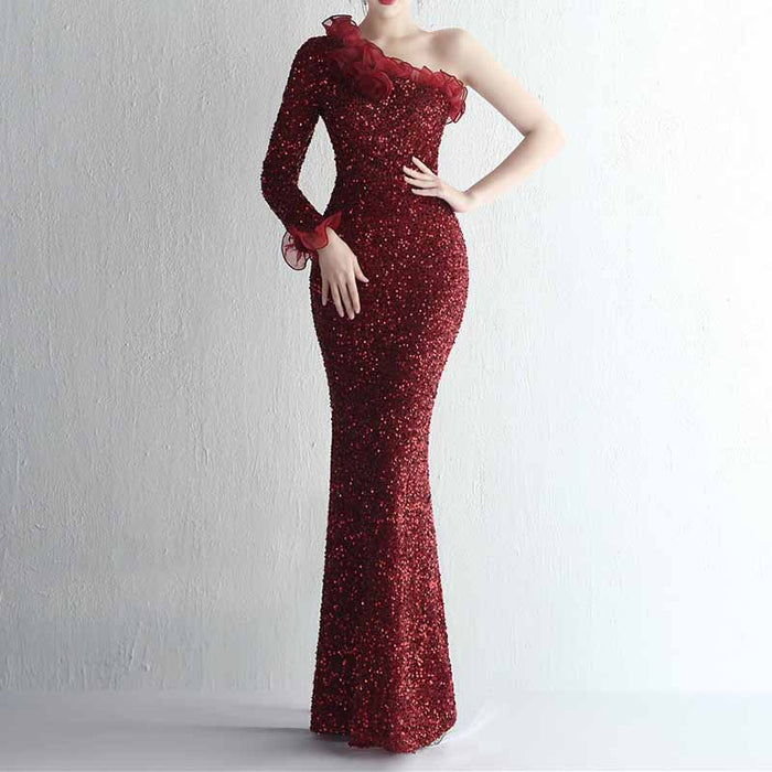 Women's One Shoulder Feather Sequin Mermaid Evening Gown Cocktail Long Formal Dress S-4XL