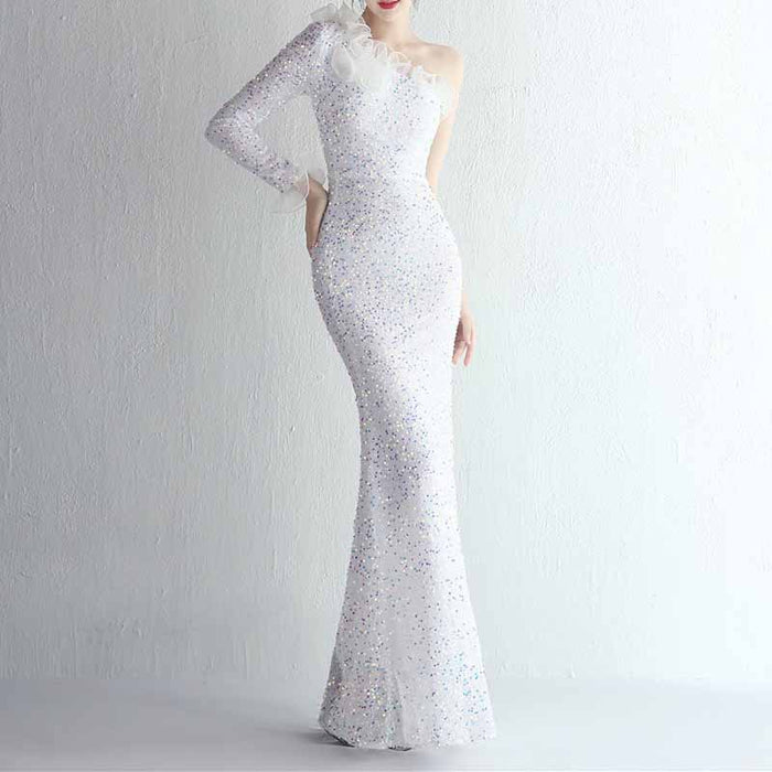 Women's One Shoulder Feather Sequin Mermaid Evening Gown Cocktail Long Formal Dress S-4XL