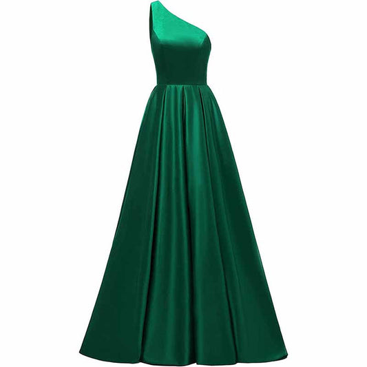 Women's One Shoulder Prom Dress Long Satin Formal Evening Ball Wedding Gowns