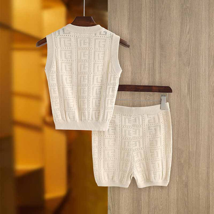 Women's openwork monogram knit mini suit 2 pieces knitted shorts suit