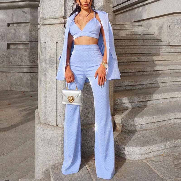 Women's Pantsuit Bling Bling Bra+ Blazer + Flare Trousers 3 Pieces Suit