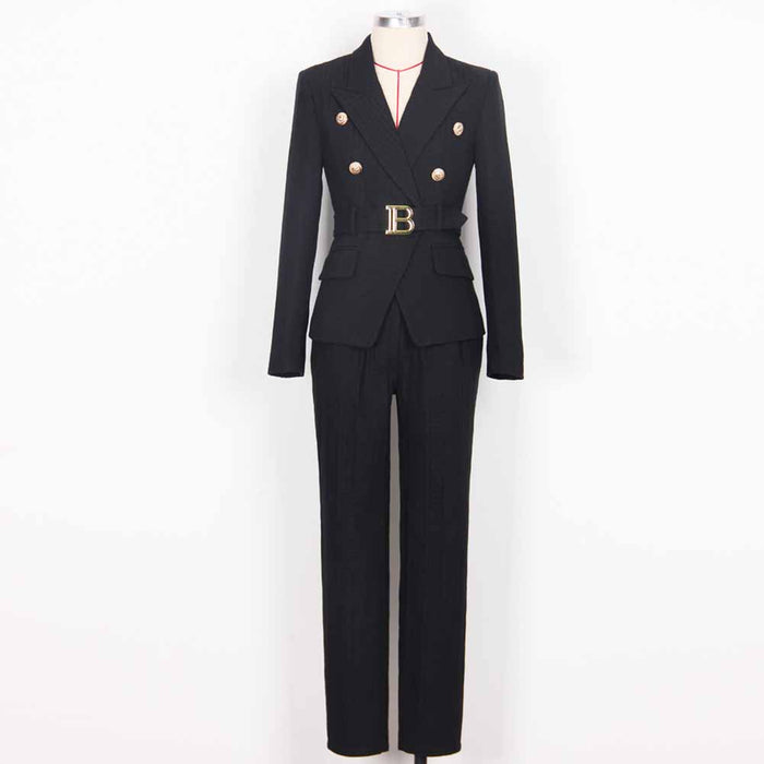 Women's Pantsuit Gold Button Tie Belt Double Breasted Two Pieces Jacquard Suit