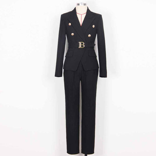 Women's Pantsuit Gold Button Tie Belt Double Breasted Two Pieces Jacquard Suit