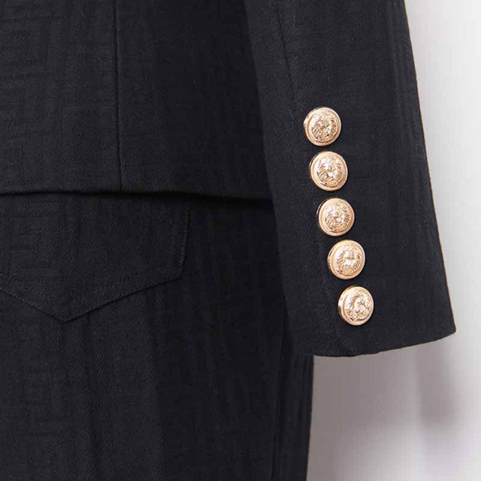Women's Pantsuit Gold Button Tie Belt Double Breasted Two Pieces Jacquard Suit