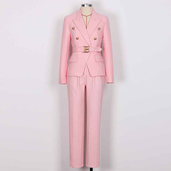 Women's Pantsuit Gold Button Tie Belt Double Breasted Two Pieces Jacquard Suit