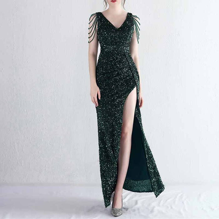Womens Party Dress Sequins V-Neck Long Dress Formal Evening Prom Gowns S-4XL