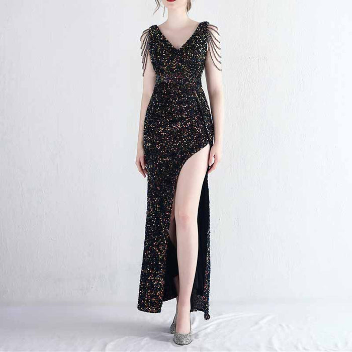 Womens Party Dress Sequins V-Neck Long Dress Formal Evening Prom Gowns S-4XL