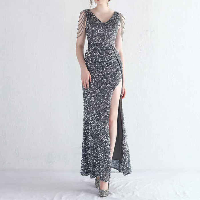 Womens Party Dress Sequins V-Neck Long Dress Formal Evening Prom Gowns S-4XL