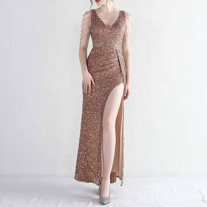 Womens Party Dress Sequins V-Neck Long Dress Formal Evening Prom Gowns S-4XL