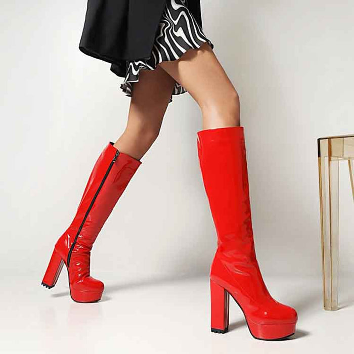 S&DCo. women's patent leather knee high boots in red with stylish high heels and side zipper