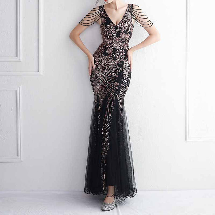 Women's Pattern Sequin Short Sleeve Flapper Mermaid Evening Dress Prom