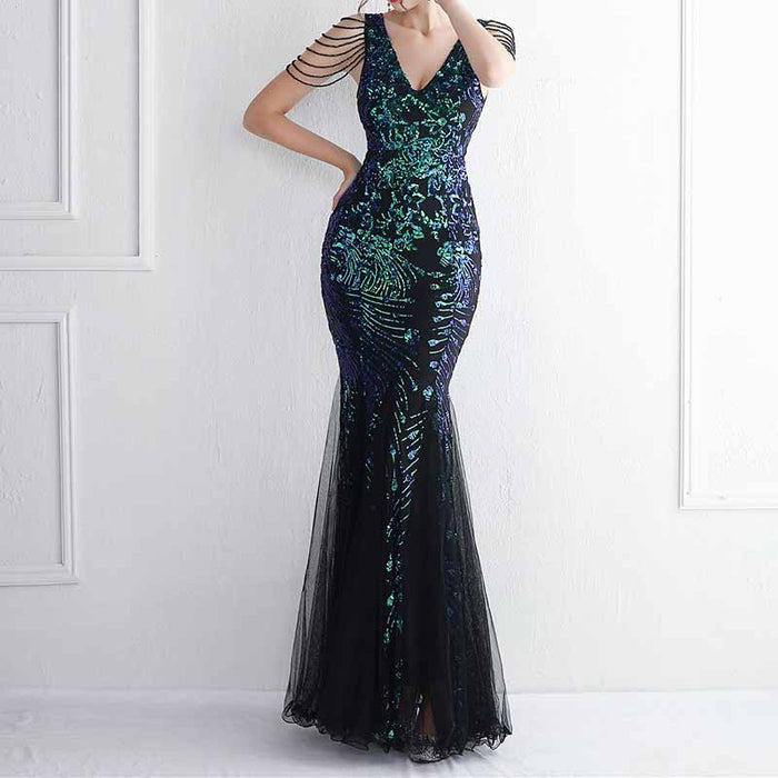 Women's Pattern Sequin Short Sleeve Flapper Mermaid Evening Dress Prom