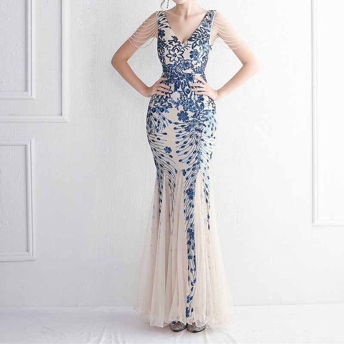 Women's Pattern Sequin Short Sleeve Flapper Mermaid Evening Dress Prom
