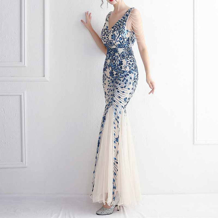 Women's Pattern Sequin Short Sleeve Flapper Mermaid Evening Dress Prom
