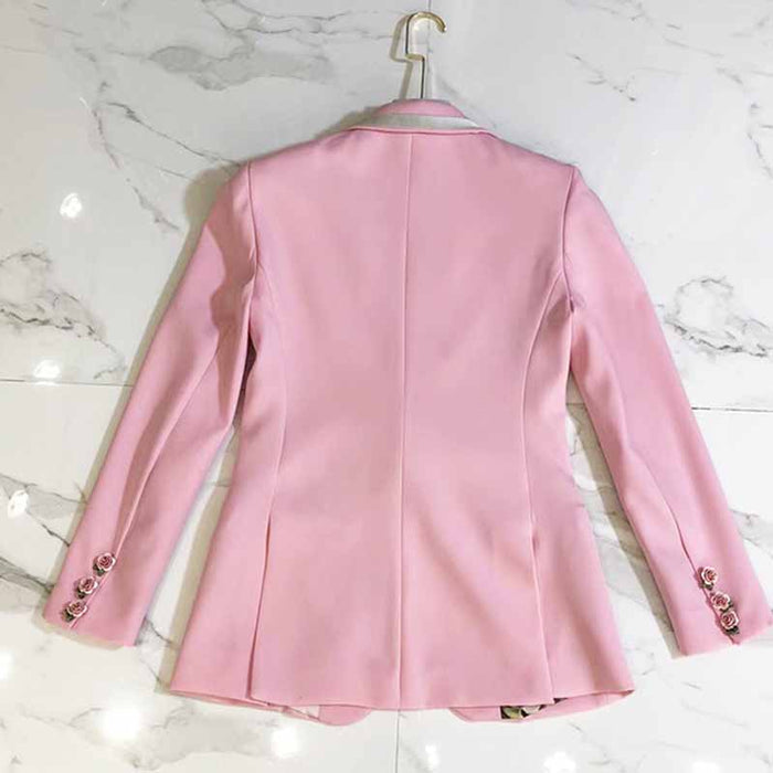 Womens Pink Coat Golden Lion Buttons Blazer Jacket with Pocket