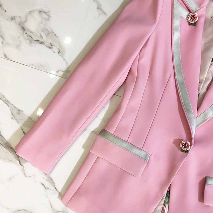 Womens Pink Coat Golden Lion Buttons Blazer Jacket with Pocket