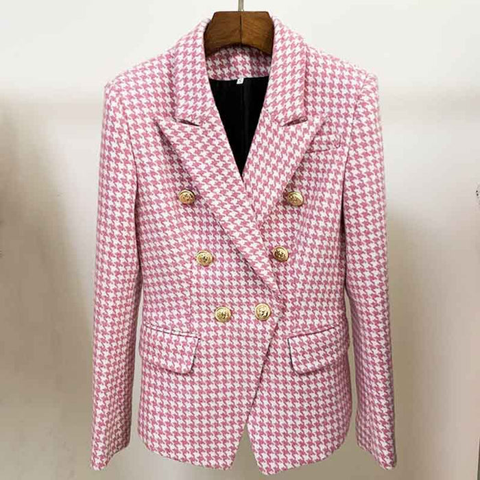 Women's Pink White Tweed Houndstooth Luxury Fitted Double Breasted Blazer Coat