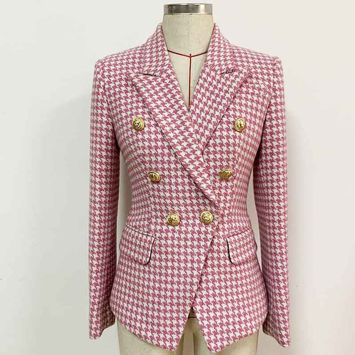 Women's Pink White Tweed Houndstooth Luxury Fitted Double Breasted Blazer Coat