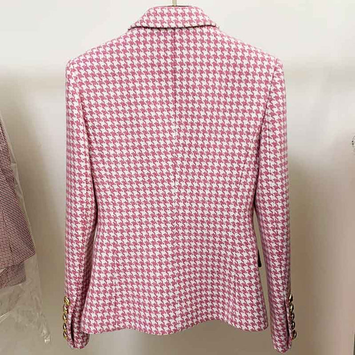Women's Pink White Tweed Houndstooth Luxury Fitted Double Breasted Blazer Coat