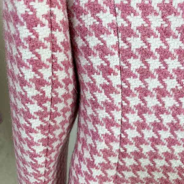 Women's Pink White Tweed Houndstooth Luxury Fitted Double Breasted Blazer Coat