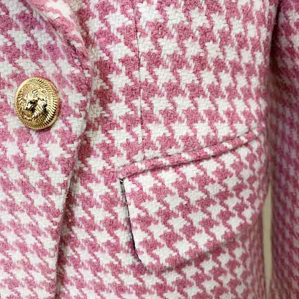 Women's Pink White Tweed Houndstooth Luxury Fitted Double Breasted Blazer Coat