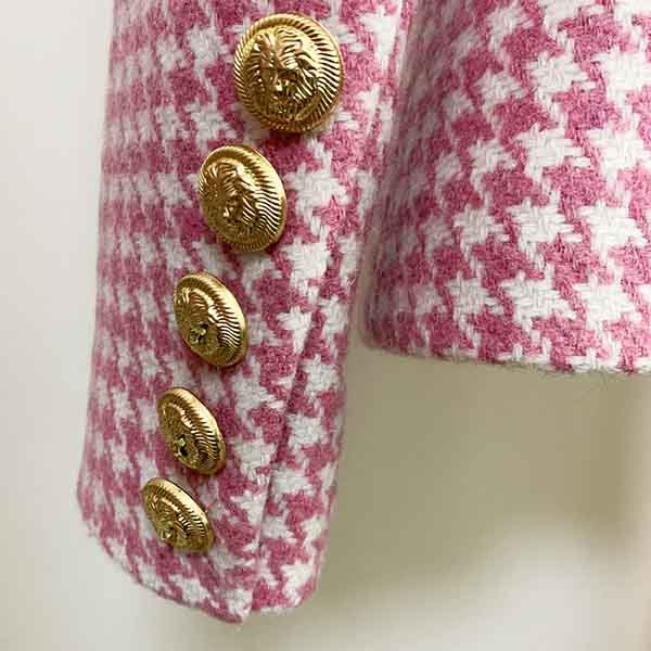 Women's Pink White Tweed Houndstooth Luxury Fitted Double Breasted Blazer Coat