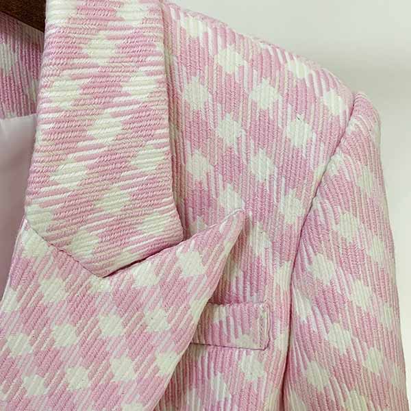 Women's Pink White Tweed Luxury Fitted Double Breasted Blazer with Lion Buttons