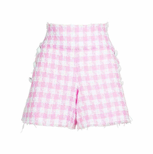 Women's Plaid Shorts Wool High Waist Houndstooth Check Tweed Shorts
