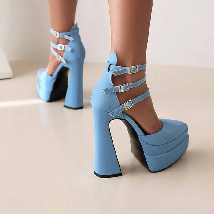 Women's Platform Pumps Chunky Ankle Strap Round Toe High Heel Shoes