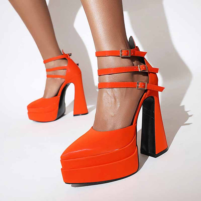 Women's Platform Pumps Chunky Ankle Strap Round Toe High Heel Shoes