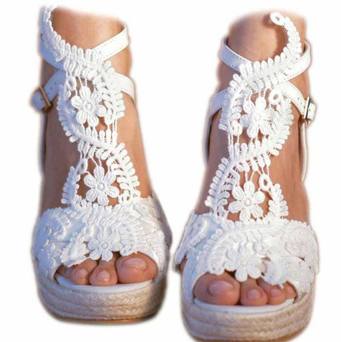 Women's Platform Sandals Wedge Open Toe Ankle Strap lace Wedding Bridesmaid Shoes