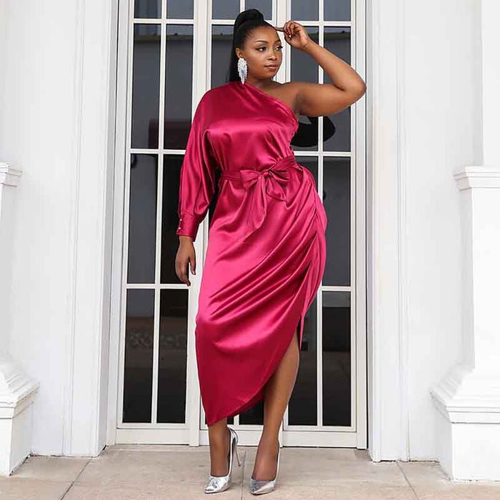 Women's Plus Size Sexy One Shoulder Satin Rosy Midi Cocktail Dress