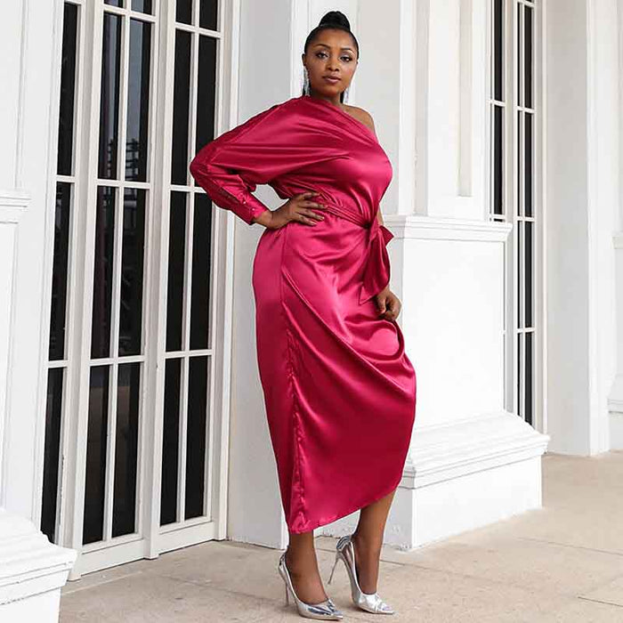 Women's Plus Size Sexy One Shoulder Satin Rosy Midi Cocktail Dress