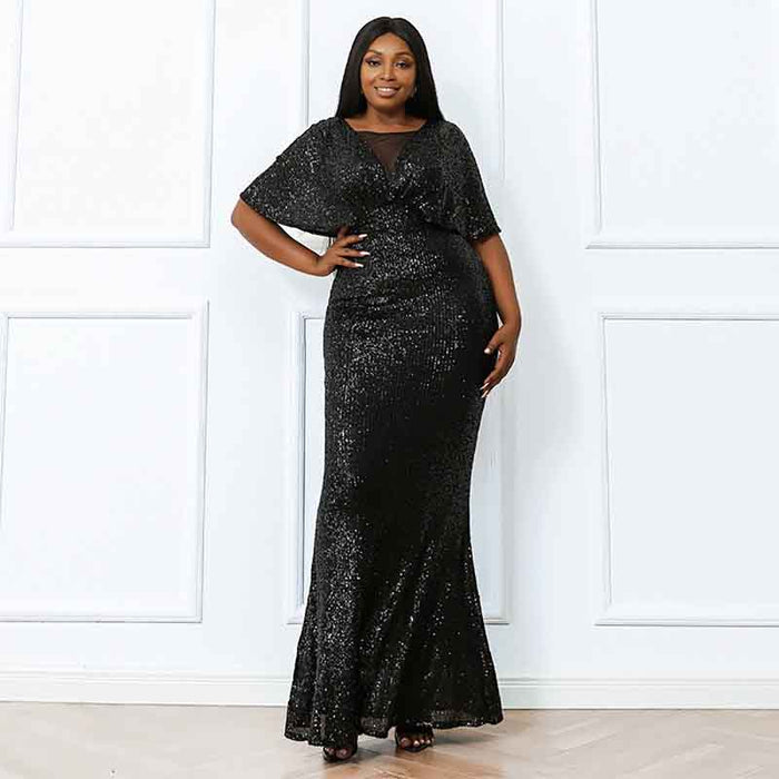 Women's Plus Size Shinny Sequin Black Evening Dress Sleeve Prom Gown