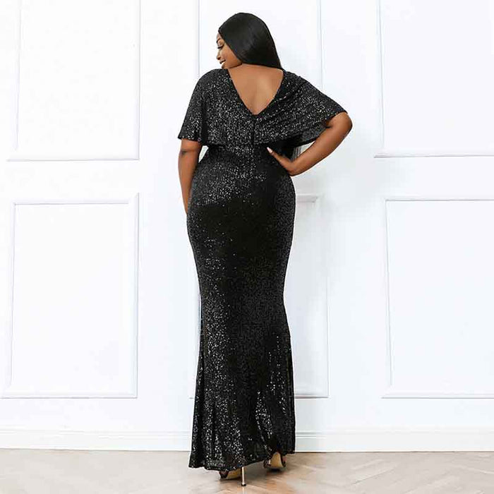Women's Plus Size Shinny Sequin Black Evening Dress Sleeve Prom Gown