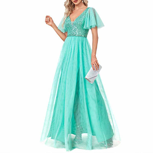 Women's Plus Size V-Neck Sparkle Evening Dresses with Short Sleeves