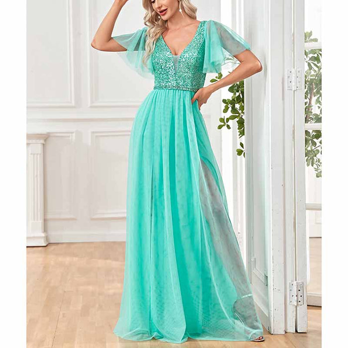 Women's Plus Size V-Neck Sparkle Evening Dresses with Short Sleeves