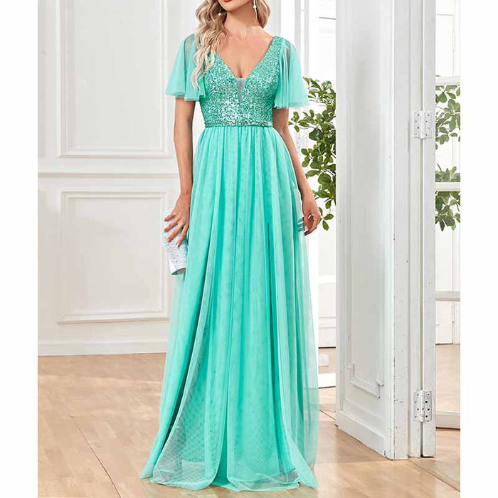 Women's Plus Size V-Neck Sparkle Evening Dresses with Short Sleeves