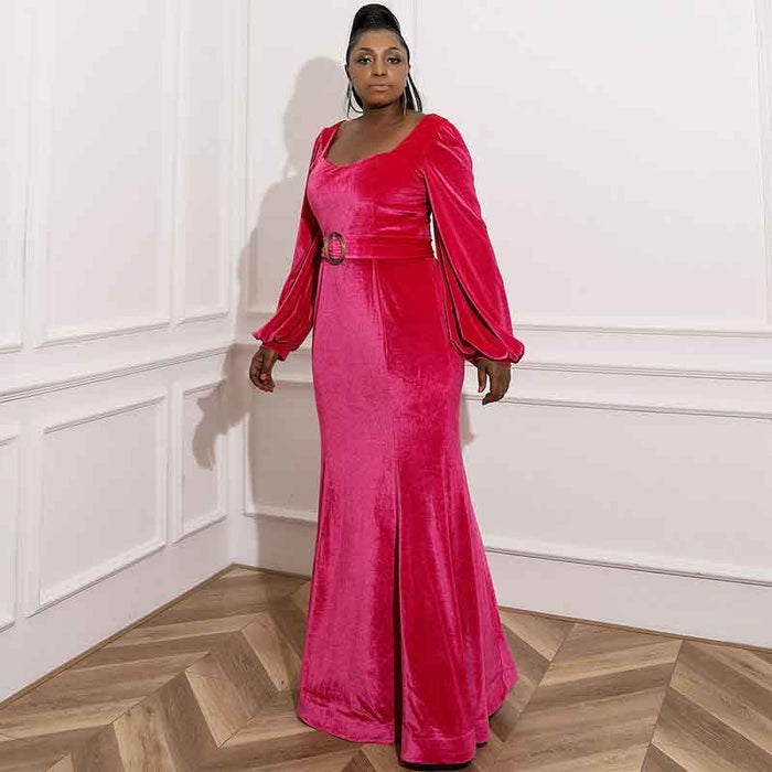Women's plus size Velvet Mermaid Rosy Prom Dress Long Evening Party Dresses