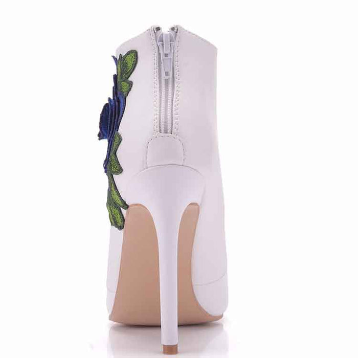 Women's Pointed Toe Ankle Boots White Embroidered Blue Rose Floral Boots