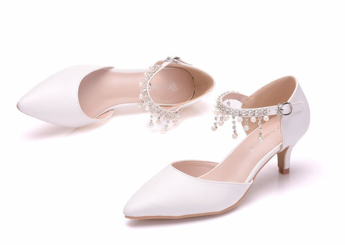 Women's Pointed Toe Ankle Strap Dress Shoes Wedding Party Pump with Pearl
