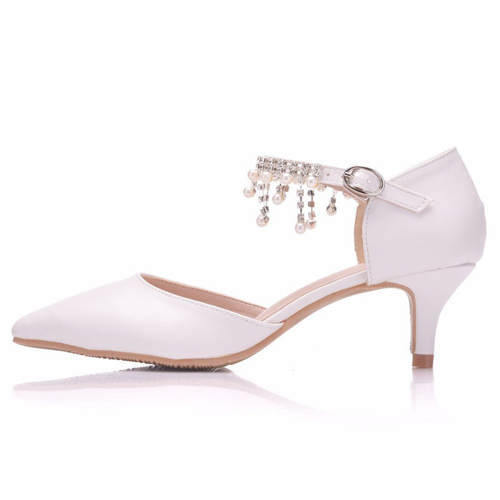 Women's Pointed Toe Ankle Strap Dress Shoes Wedding Party Pump with Pearl