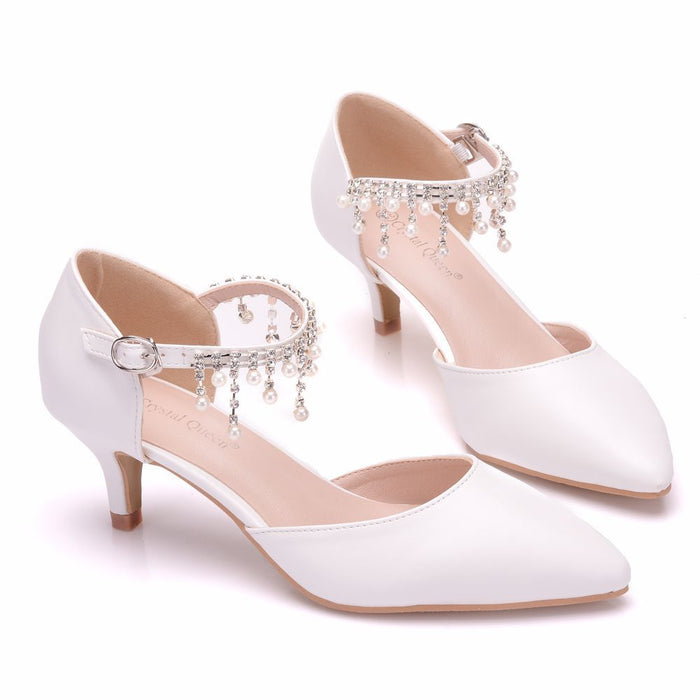 Women's Pointed Toe Ankle Strap Dress Shoes Wedding Party Pump with Pearl