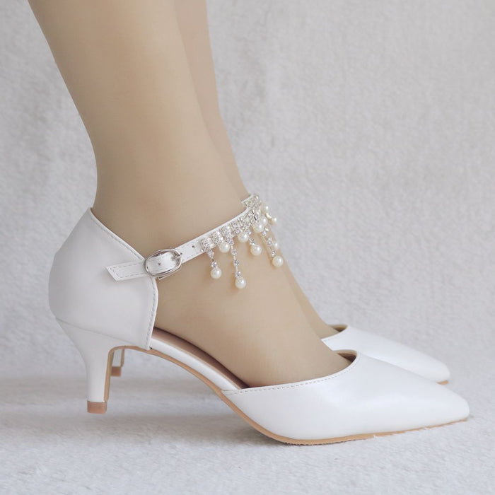 Women's Pointed Toe Ankle Strap Dress Shoes Wedding Party Pump with Pearl