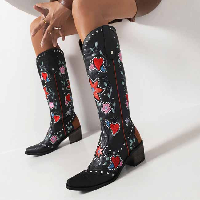 Womens Poppy Floral Snip Toe Boots Knee High Low Heel