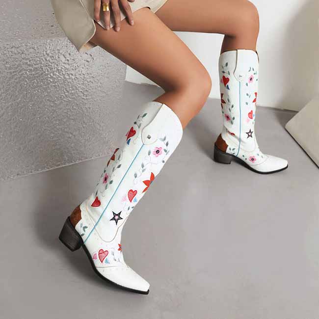 Womens Poppy Floral Snip Toe Boots Knee High Low Heel